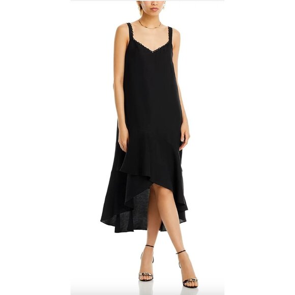 Kobi Halperin Aubrey Dress Black Linen Midi Slip Dress Size Medium Scalloped